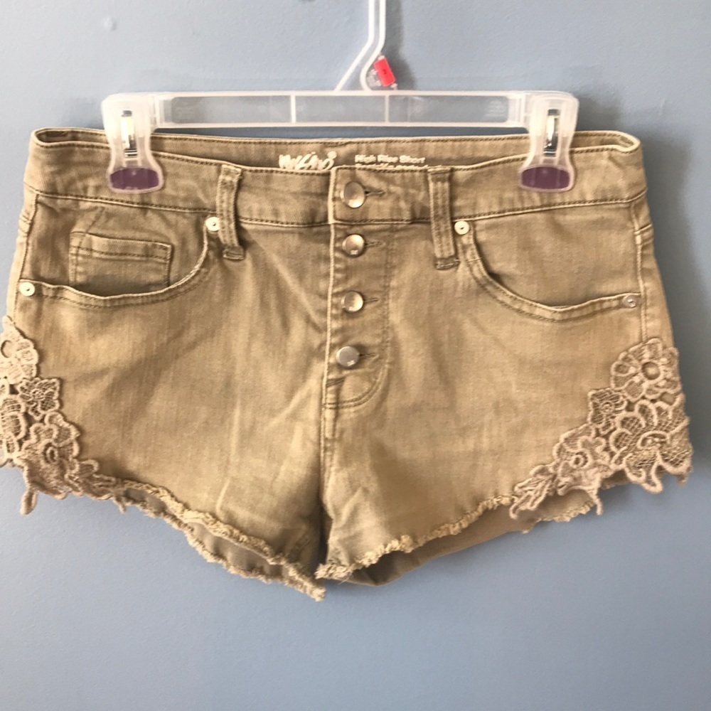 Mossimo denim olive green embroidered high rise shorts button fly size 10/30